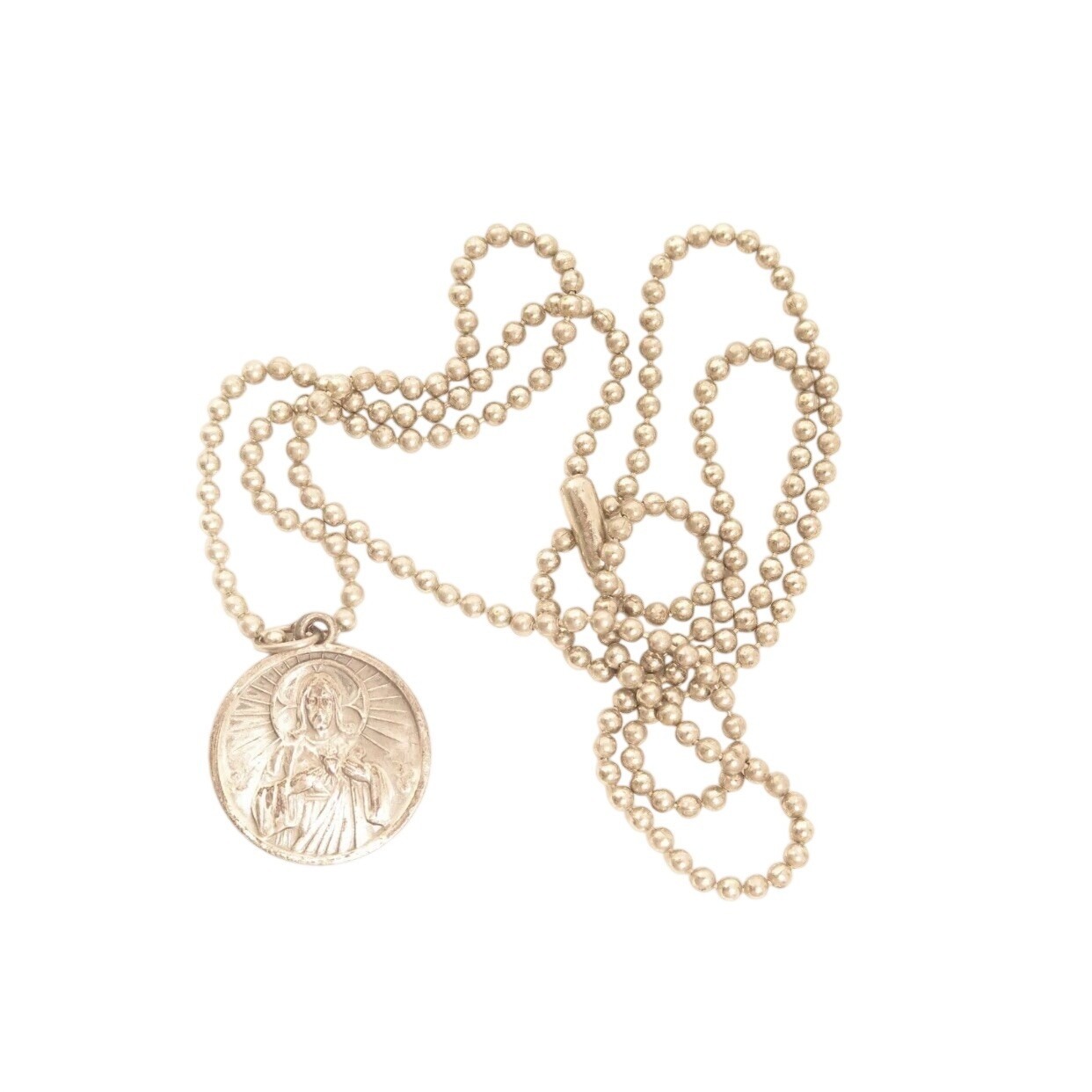 Vintage Our Lady Of Mt.Carmel Pray For Us Catholic Medal Pendant Ball Necklace